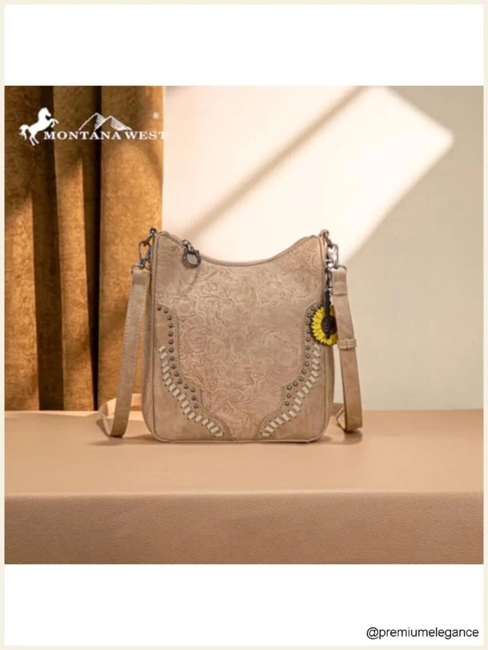 Leather Western Tooling Crossbody Hobo Bag with Whipstitch